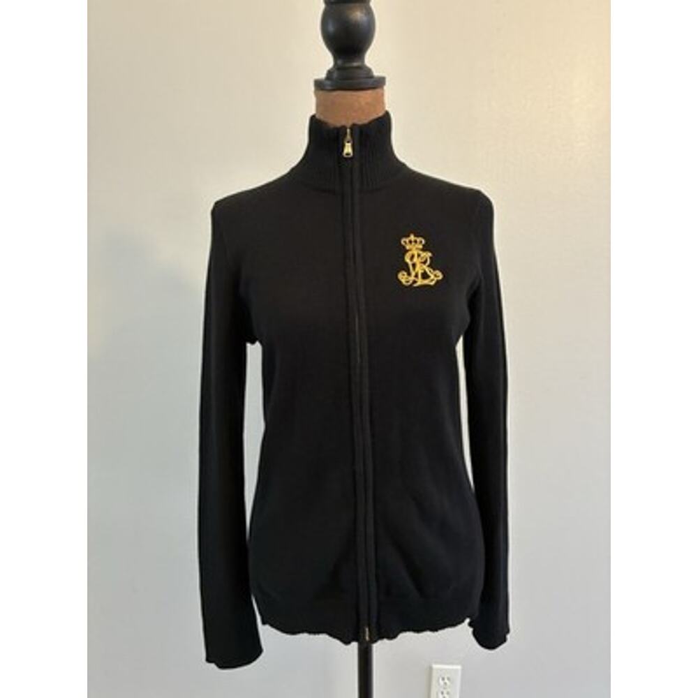 VTG Ralph Lauren Black Cable Knit Cardigan Gold Crest Full Zip Sweater Mock Med - Picture 12 of 16